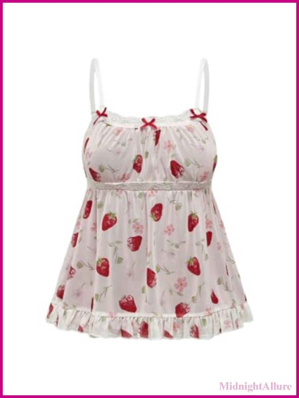 Plus Size Strawberry Print Lace Trim Cami Mesh Peplum Top